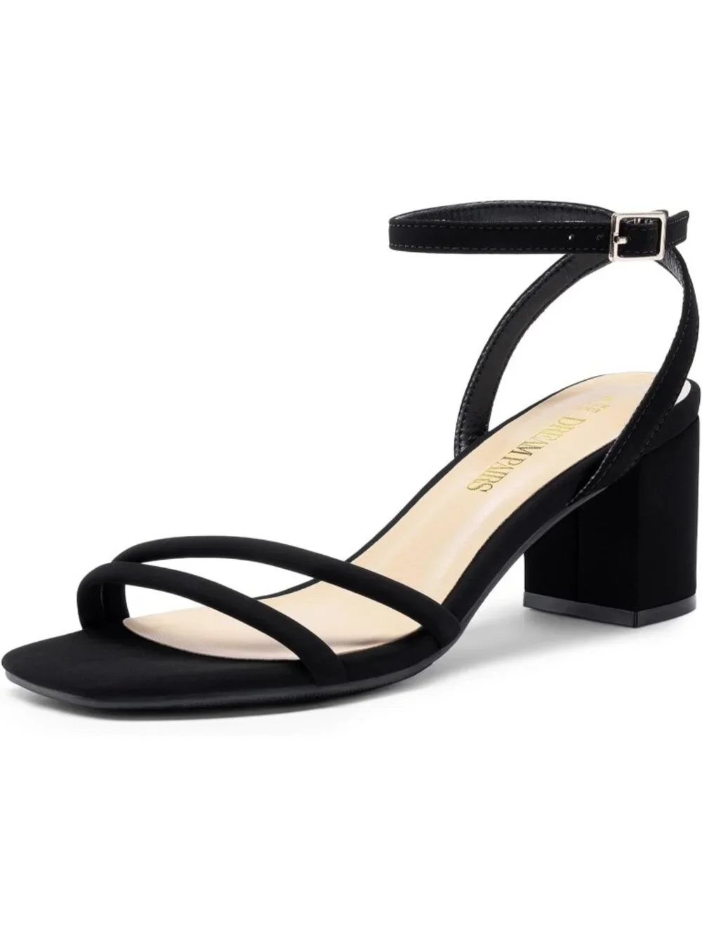 Women's Black Faux Leather Square-Toe Chunky Block Ankle Buckle Heeled Sandals